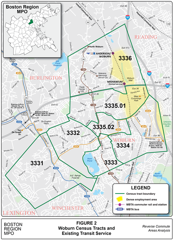 Woburn Census Tracts and Existing Transit Service
This figure is a map of Woburn showing census tract boundaries, dense areas of employment, and existing transit service.
Woburn Census Tracts and Existing Transit Service
This figure is a map of Woburn showing census tract boundaries, dense areas of employment, and existing transit service.